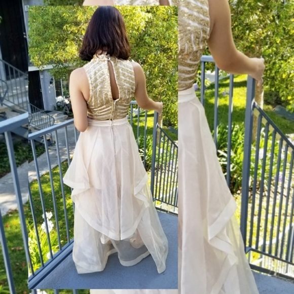 Social Code ✦ Champagne Skirt Set ✦ Sequin Halter Crop + Ruffle Chiffon High-Low - Picture 4 of 16